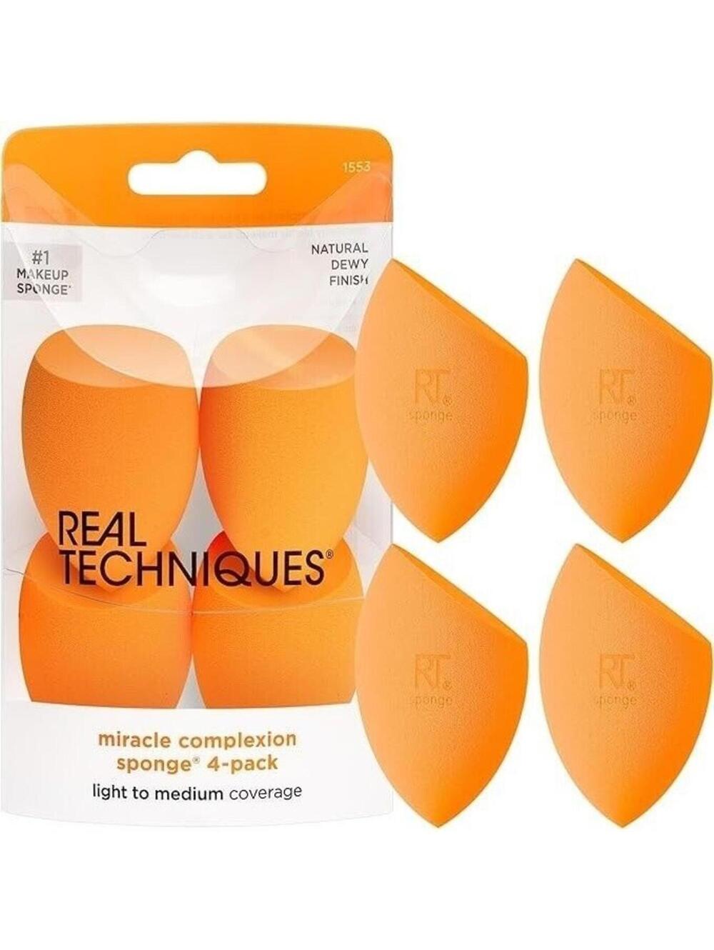 Real Techniques Makeup Sponge 4pc Set Miracle Complexion Blender, Vegan, Orange